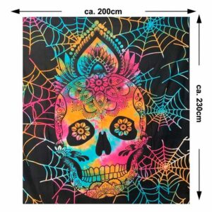 Wandteppich Tagesdecke Wandbehang La Catrina Deko Tuch Sugar Skull Tattoo Multicolour XL ca. 200 x 230cm, KUNST UND MAGIE