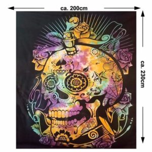 Wandteppich Tagesdecke Wandbehang Totenkopf Deko Tuch Sugar Skull Rose Tattoo Multicolour XL ca. 200 x 230cm, KUNST UND MAGIE