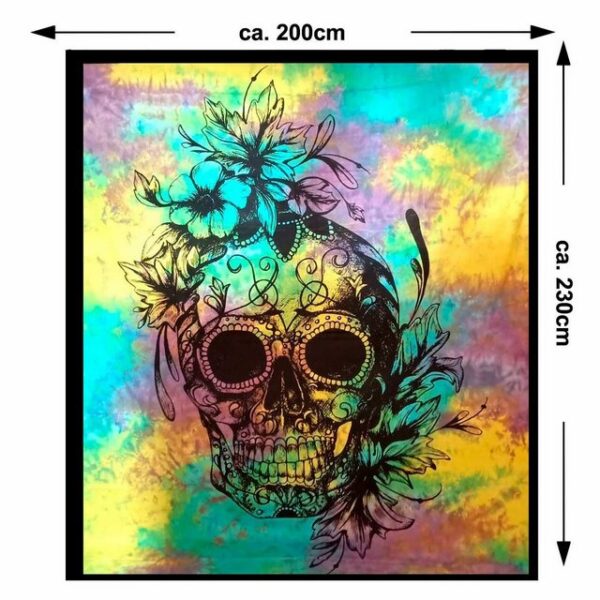 Wandteppich Tagesdecke Wandbehang Totenkopf Deko Tuch Sugar Skull Tattoo Multicolour XL ca. 200 x 230cm, KUNST UND MAGIE