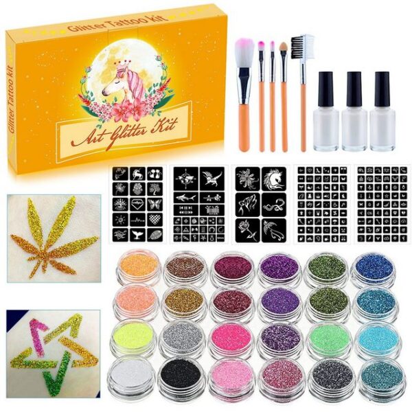 sundiguer Schmuck-Tattoo Glitter Tattoo Set, 24 Farben, Temporäre Tattoo Kit für Kinder, Flash temporäre Tätowierung