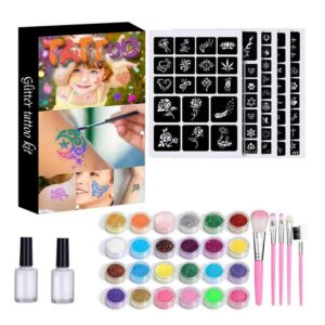 sundiguer Strass-Tattoo Glitter Tattoo Set, 24 Farben, Temporäre Tattoo Kit für Kinder, Glitter Make Up Kit für Kinder,Erwachsene,Für Jungen-Mädchen Party