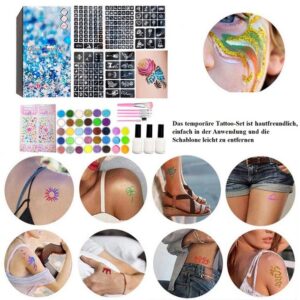 sundiguer Strass-Tattoo Glitter Tattoo Set,24 Farben,Temporäre Tattoo Kit,Glitter Make Up Kit, Kunst Körper Farbe Glitter Pulver Temporäre glitzer Tattoo Set