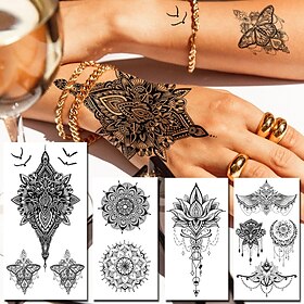 4 Stück Eule Motte Schmuck temporäre Tattoo für Frauen Männer Mandala Henna Blume Tattoo Mehndi gefälschte Anhänger geometrische Tattoo Brust Rücken Spitze