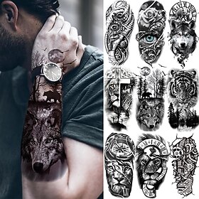 9 Stück Schwarzwald Tattoo Aufkleber für Männer Frauen Tiger Wolf Tod Schädel temporäre Tätowierung gefälschte Henna Skelett König Tier Tattoo