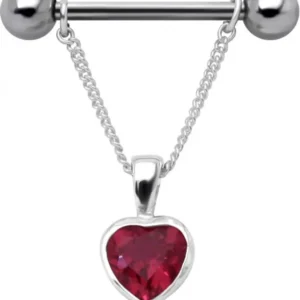 Brustwarzenpiercing Schild Anhänger aus 925er Sterling Silber Herz rot mit Barbell Nipple Piercing