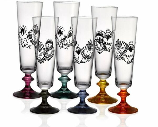 Crystalex Sektglas Sektgläser Bella Hard Heart Herz Tattoo Kristallglas 205 ml 6er Set, mehrfarbiger, Kristallglas, Bohemia