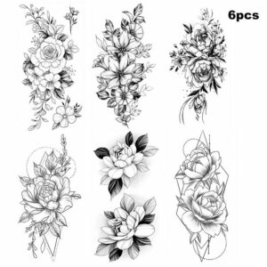 Devenirriche Schmuck-Tattoo 6 PCS große schwarze Rose temporäre Tattoos für Frauen Kombination A