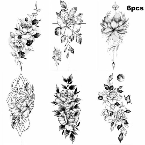 Devenirriche Schmuck-Tattoo 6 PCS große schwarze Rose temporäre Tattoos für Frauen Kombination B