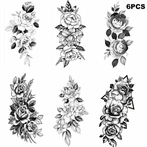 Devenirriche Schmuck-Tattoo 6 PCS große schwarze Rose temporäre Tattoos für Frauen Kombination C