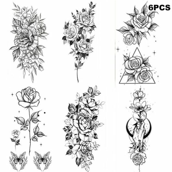 Devenirriche Schmuck-Tattoo 6 PCS große schwarze Rose temporäre Tattoos für Frauen Kombination E