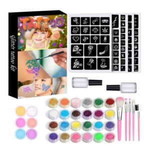 sundiguer Strass-Tattoo Glitter Tattoo Set, 30 Farben, Temporäre Tattoo Kit für Kinder, Glitter Make Up Kit für Kinder, Erwachsene, 120 Schablonen, 5 Pinsel, 2 Kleber, Kindertagsgeschenk für Jungen-Mädchen-Erwachsene-Party, ALLES IN EINEM GLITZER-Tattoo-SET