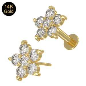 Piercing Labret Stecker Kristallblume 14karat Echtgold Gelbgold sechs 1.5mm-Kristalle mit Geschenkbox