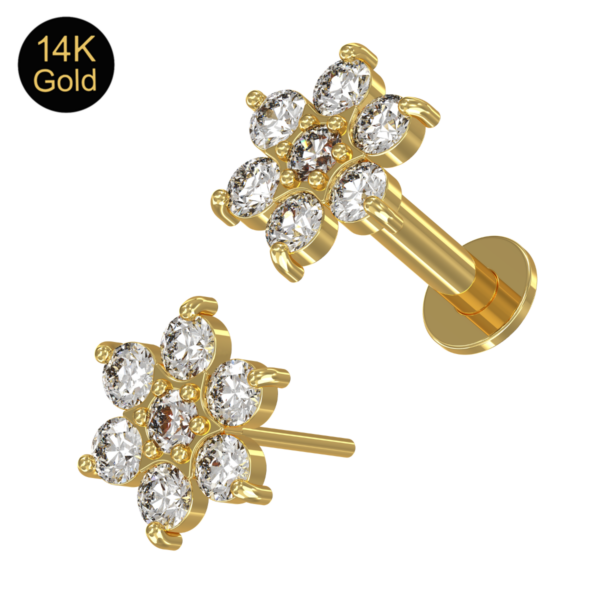 Piercing Labret Stecker Kristallblume 14karat Echtgold Gelbgold sieben Kristalle mit Geschenkbox