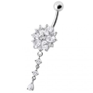 Bauchnabelpiercing Titan 925er Silber-Motiv Blume  8mm/10mm/12mm Stablänge