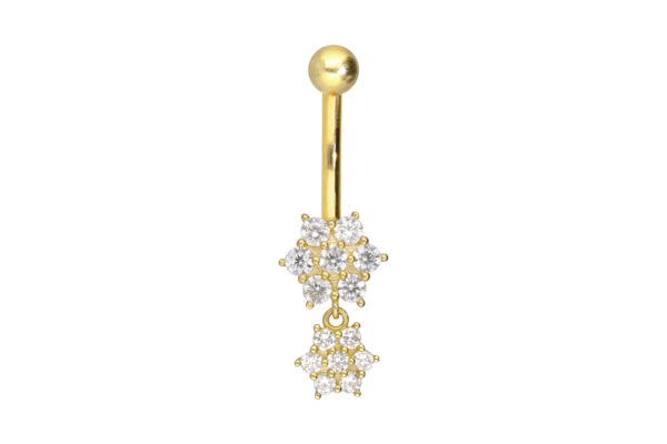 Bauchnabelpiercing 18karat Gold Gelbgold mit zwei Kristallblumen