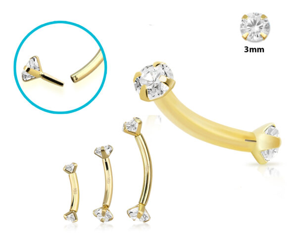 Piercing Banane Stecker 18karat Gold Gelbgold mit eingefassten 3mm-Kristallen