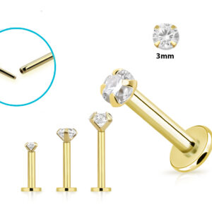 Piercing Labret Stecker 18karat Gold Gelbgold mit eingefasstem 3mm-Kristall