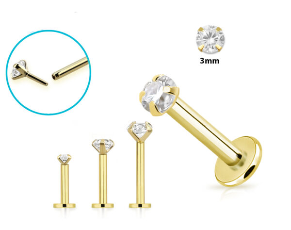 Piercing Labret Stecker 18karat Gold Gelbgold mit eingefasstem 3mm-Kristall