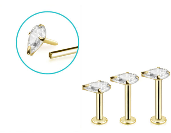 Piercing Labret Stecker 14karat Gold Gelbgold eingefasster tropenförmiger Kristall mit Geschenkbox