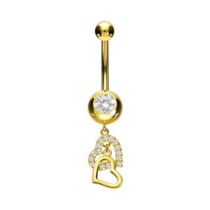 Bauchnabelpiercing 18karat Gold Gelbgold mit zwei Herzen und Kristallen