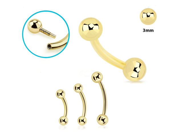 Piercing Banane Stecker 14karat Gold Gelbgold Innengewinde mit 3mm-Kugeln