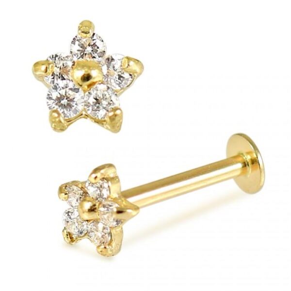 Piercing Labret Stecker 14karat Gold Gelbgold 4mm-Kristallblume mit Geschenkbox