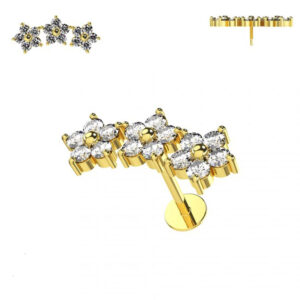 Piercing Labret Stecker 14karat Gold Gelbgold drei Kristallblüten mit Geschenkbox