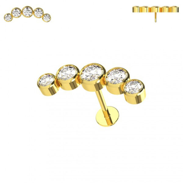 Piercing Labret Stecker 14karat Gold Gelbgold fünf Kristalle mit Geschenkbox