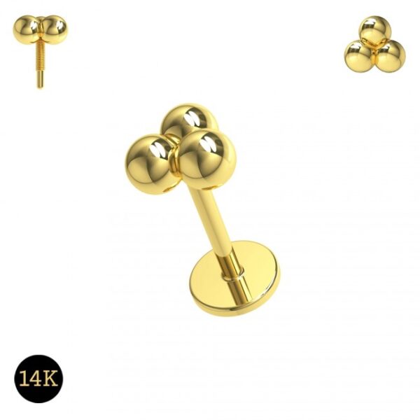 Piercing Labret Stecker 14karat Gold Gelbgold Innengewinde drei Kugeln mit Geschenkbox