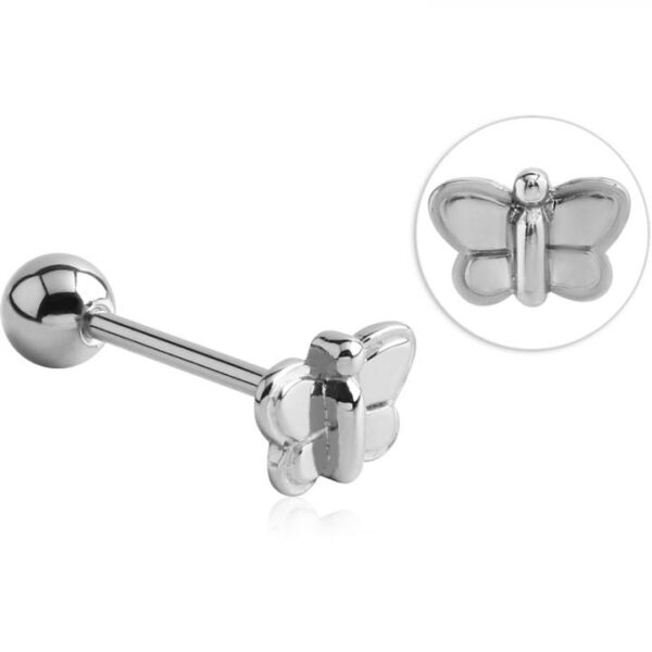 Zungenpiercing Barbell mit Schmetterling Motiv Stahl Hantel 1