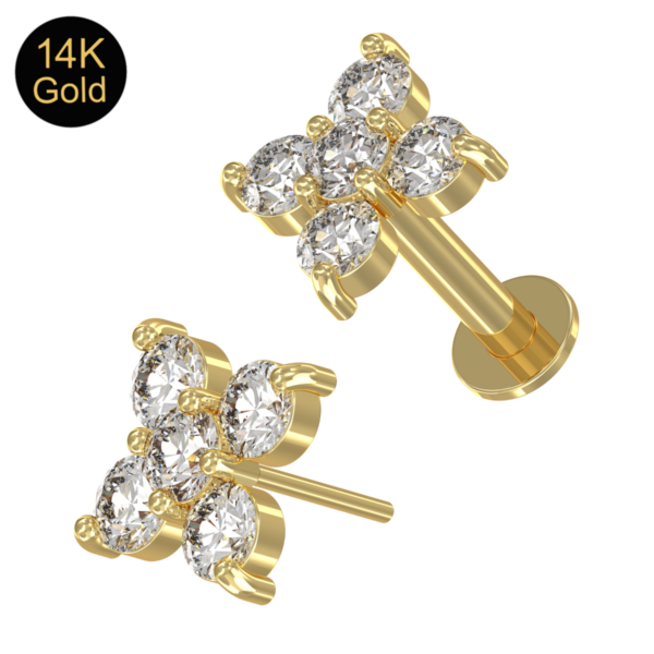 Piercing Labret Stecker 14karat Gold Gelbgold fünf 1.5mm-Kristalle mit Geschenkbox