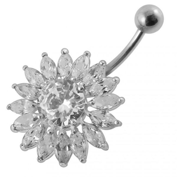 Bauchnabelpiercing Titan 925er Silber-Motiv Kristallblume 8mm/10mm/12mm Stablänge