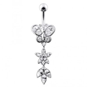 Bauchnabelpiercing Titan 925er Silber-Motiv Schmetterling und Blume  8mm/10mm/12mm Stablänge