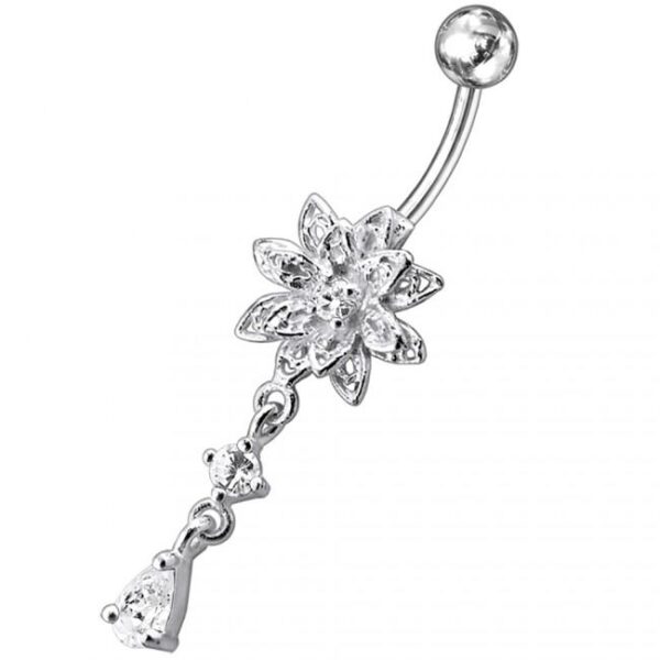 Bauchnabelpiercing Titan 925er Silber-Motiv Blume  8mm/10mm/12mm Stablänge