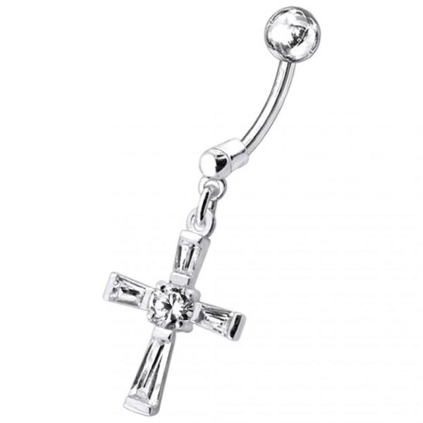 Bauchnabelpiercing Titan 925er Silber-Motiv Kreuz  8mm/10mm/12mm Stablänge