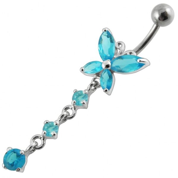 Bauchnabelpiercing Titan 925er Silbermotiv aquamarin Blume mit Schmetterling   8mm/10mm/12mm Stablänge